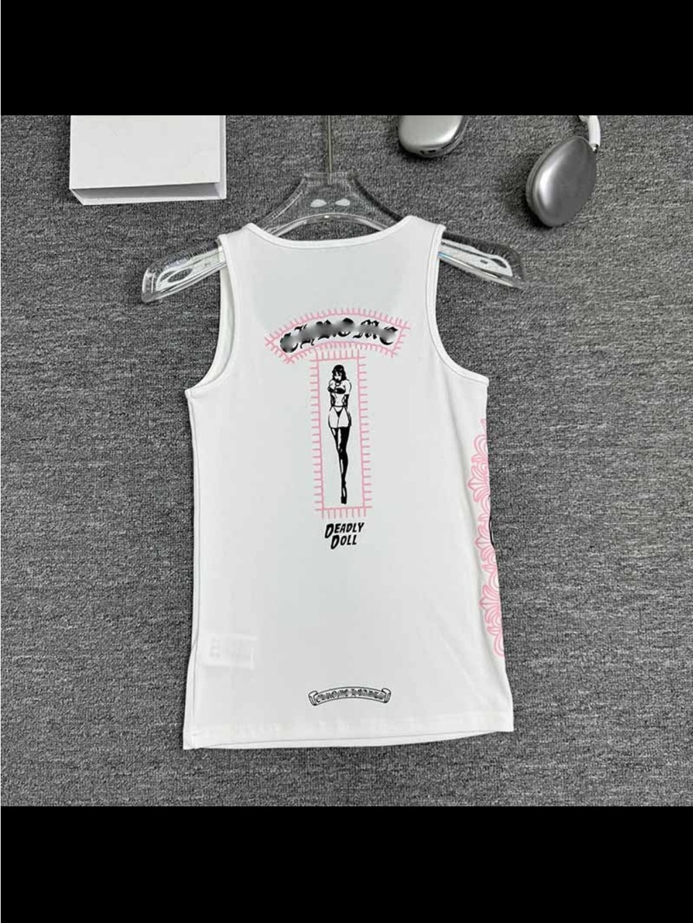 Chrome Hearts White Tank Top with Pink and Black Graphic